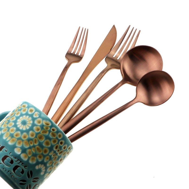 Gugrida Matte Rose Gold Silverware Set,Gugrida 5-Piece 18/10 Stainless Steel Satin Finish Flatware Set,Kitchen Utensil Set,Tableware Travel Cutlery Set for Camping Office or School Lunch, Dishwasher Safe - Image 2
